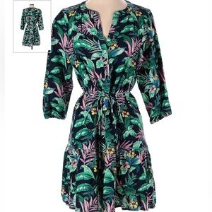 LOFT PALMS HENLEY SHIRT DRESS. TROPICAL PRINT. BELTED WAIST, FLOUNCY HEM. XSP